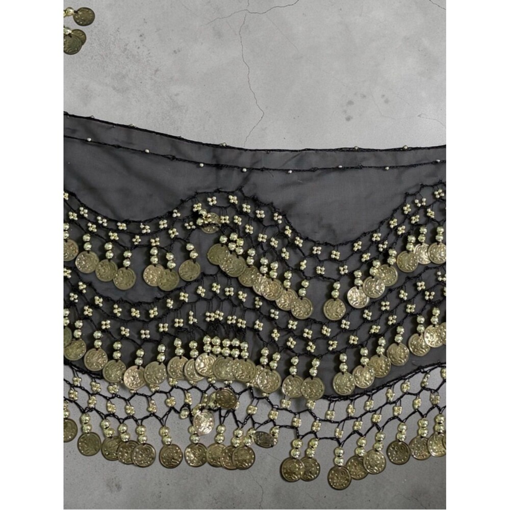 Black Coin Fringe Belly Dance Hip Scarf - Gold Coins - Picture 2 of 5